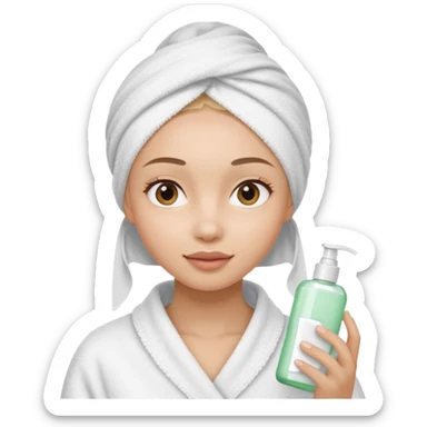 A gril that her head covered with towel and skincare plis hide the hair and this girl shuold be using a skincare product sticker