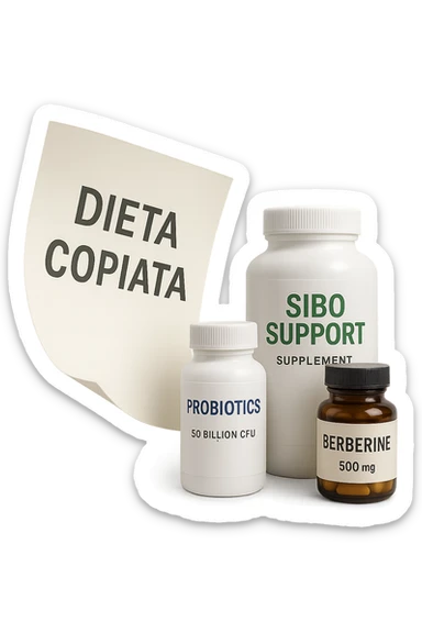 FOGLIO DI CARTA FLUTTUA IN ARIA CON LA SCRITTA "DIETA COPIATA", INSIEME A BARATTOLI DI INTEGRATORI PER CURARE IL SIBO IN ITALIANO, IPERREALISTICO 4K, NON DISEGNATO sticker