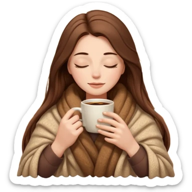 long brown hair woman closed eyes hiding under a cozy wool beige blanket, holding cup of coffee, autumn mood sticker
