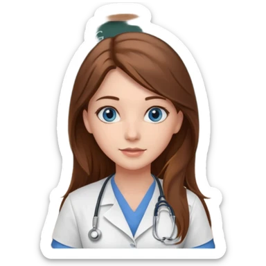 university classroom that says nursing school on the blackboard with a pretty female nursing student with long brown hair, blue eyes sticker