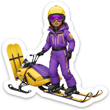Brown hair, ski-doo jacket and pants ski doo boots helmet and goggles, dark purple sled sticker