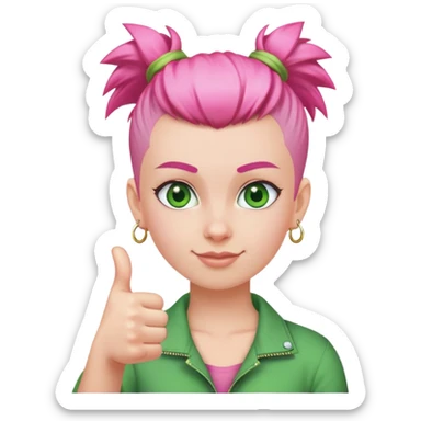 girl with pink topknot mohawk haircut, green eyes, thumbs up sticker