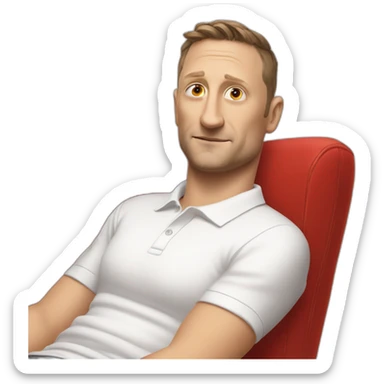 tim robinson laying down on a red couch in a white polo shirt, chest up clean shaven sticker