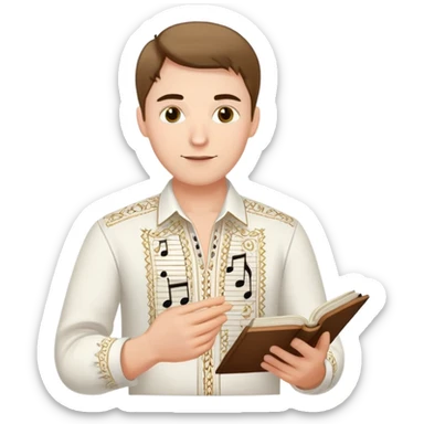 A guy in a white Ukrainian embroidered shirt holds musical notes in his hand sticker