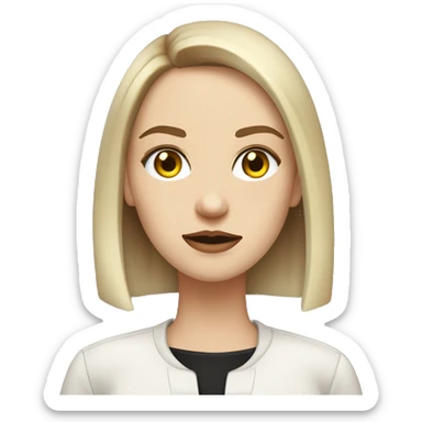 Slavic woman with blue eyes, fair skin, straight gradient brown hair with yellow streaks, medium bob cut, goth eyes makeup, beige lips, dressed in white T-shirt and office black jacket. sticker