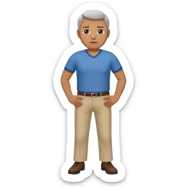 Clothed mature man standing, facing viewer, holding his crotch sticker