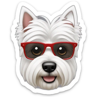 Hombre pelo de punta con gafas con montura roja con un perro westie sticker