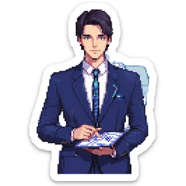 Flat pixel art, focused and confident male strategist, fair skin, short sleek dark hair, intense sharp eyes, wearing a deep indigo suit jacket over a crisp white shirt, holding a futuristic holographic blueprint in one hand, other hand thoughtfully touching chin, waist-up, front-facing sticker