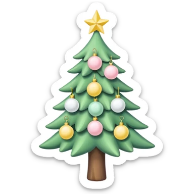 a pastel green christmas tree with pastel ping and white christmas orbs and a yellow star sticker