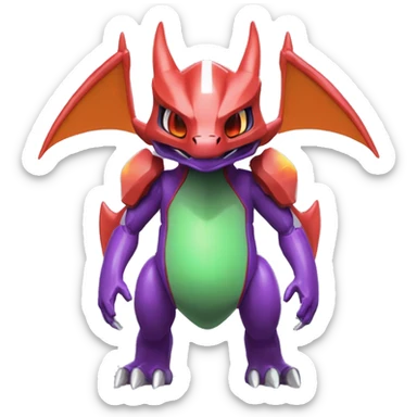 a shiny purple-green-red Genesect-Charizard-Raptor-Fakémon—hybrid with a futuristic visor-helmet full body sticker