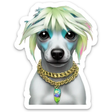 Punk tropical palm leaves flowers Chinese crested dog neon rainbow cyan blue lime green pink hair gold chain punk piercings tattoos punk ear piercings sticker