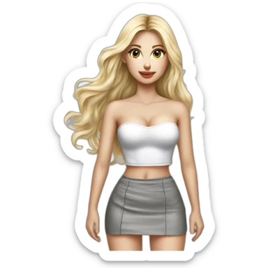 caucasian straight long haired blonde, white bustier, tight grey mini skirt, hyperrealist drawing sticker