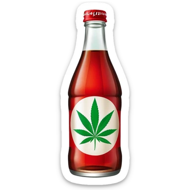 iconic curved Coca-Cola style glass bottle in red with a green cannabis leaf printed on it sticker