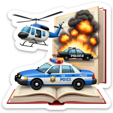 Icon for Action & Crime Reading: an open large book with text on the pages, a police car is driving out, with explosions behind, a helicopter flying above, a pistol with bullets in the front. The icon should capture the thrilling action and suspense of crime stories. Transparent background. sticker