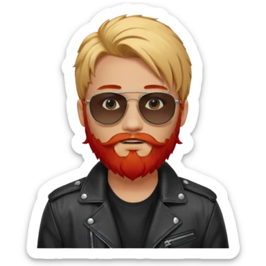 generate an ios genmoji of a 20 year old tan boy with black sunglasse Wearing a leather jacket. Has a dyed blonde beard and veryyyyy long red hair sticker