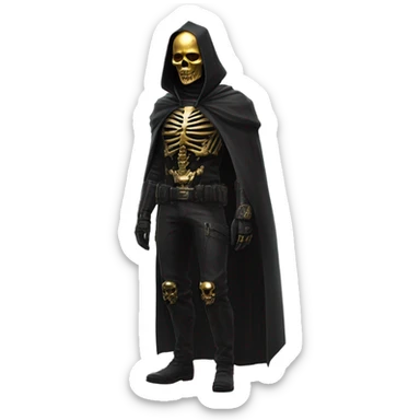 Bounty Hunter Boss with black cape and a perfect gold skull jaw mask from death Stranding, full body front and back sticker