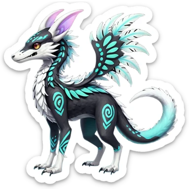 Rare glowing neon realistic tribal patterned whitish pastel colorful iridescent shiny glossy feathery epic handsome gorgeous aesthetic black-skulled Vernid-Trico-Sergal-Salandit-Nargacuga-species-Fakemon-creature by LiLaiRa, 4 legs, 1 tail, random markings, (full body) long ears sticker