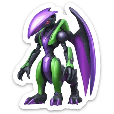 a shiny black-green-purple Genesect-Flygon-Raptor-Fakémon-Medabot-hybrid with a futuristic visor-helmet full body sticker