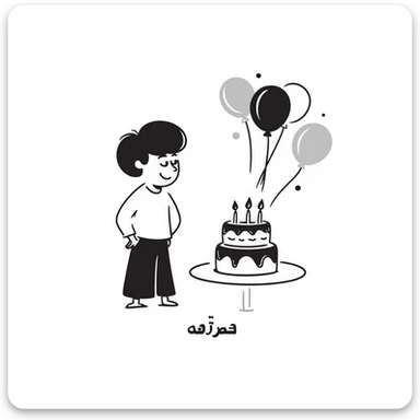 A happy little boy celebrating with a birthday cake with lit candles, balloons and streamers in the background. Include the Persian text at the bottom saying: "امیدرضاجان تولدت مبارک" sticker