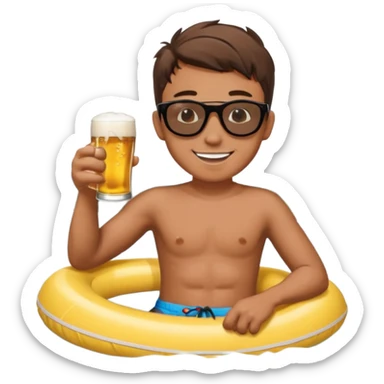 a young dude river tubing wearing sunglasses and swim trunks, drinking a beer sticker