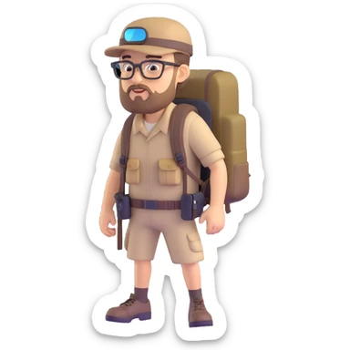 adventurer with goatee beard (no beard on cheeks), short hair, glasses, backwards military tan cap and backpack sticker