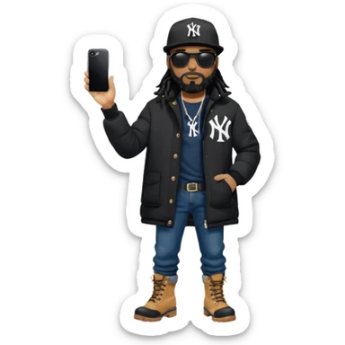 African American man with shoulder length black dreadlocks with black beard wearing black sunglasses wearing a black New York Yankees logo baseball cap wearing a black bubble winter coat wearing denim skinny jeans and Timberland boots with on hand in his pocket and on hand raised sticker