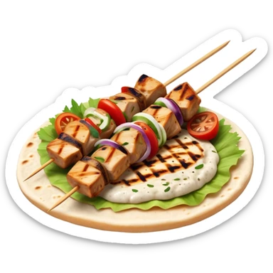 cinematic-realistic-souvlaki-dish-emoji,-showcasing-skewered,-grilled-chicken-with-mediterranean-spices-rendered-with-dynamic-textures-and-warm,-appetizing-lighting on pita bread sticker