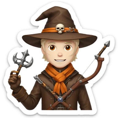 male human monster hunter emoji, wearing brown leather coat and wide hat, holding crossbow, with amulet shaped like skull, Halloween fantasy theme, confident smile, orange scarf, Apple emoji style, clean white background, square image sticker