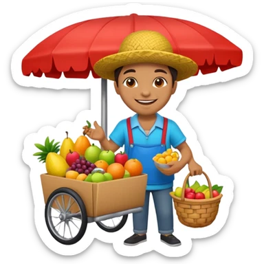 3D emoji illustration of a Peruvian street vendor, selling fruits and snacks on the sidewalk, smiling, urban neighborhood in background, bright colors, cartoon style, bold outlines, glossy sticker, transparent background sticker