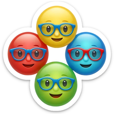 Cute 3D cartoon emoji sticker of a plastic glasses and ball game with three glossy 3 plastic glasses (blue, green, red) and a yellow ball, soft lighting, smooth shadows, playful, white sticker outline, transparent background, high resolution. sticker