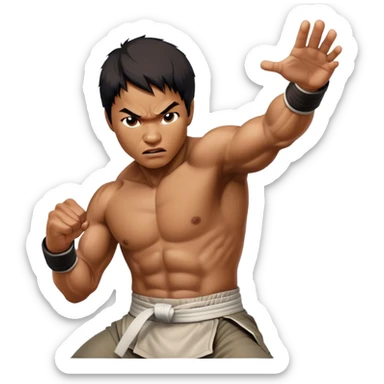 ​Cinematic Realistic Portrait of Tony Jaa, a close-up depiction capturing his intense, determined expression and finely detailed features, rendered with dramatic natural lighting that emphasizes his rugged athleticism and unmistakable martial arts presence, sticker