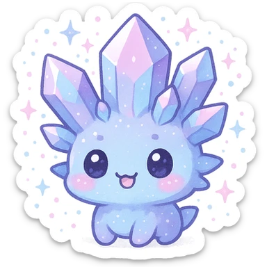 kawaii chibi crystal sprite creature, pastel purple and blue, pink highlights, magical aura, chibi face sticker