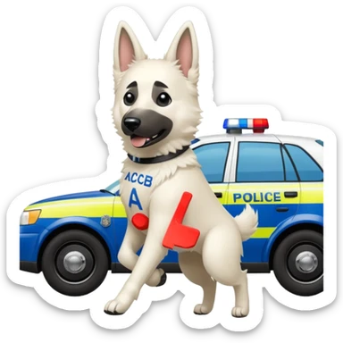 White belgian Shepard Runs away from police car and says "ACAB" sticker