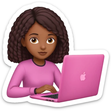 Dark brown girl with type 4 hair doing work on pink laptop sticker