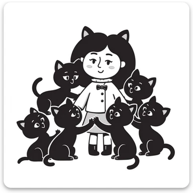 ten cute kittens playing with a doll, hand drawn notion style doodle sticker