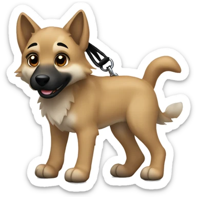 4 short legs a light brown puppy-like wolf with black  ears with black leash  is walking sticker