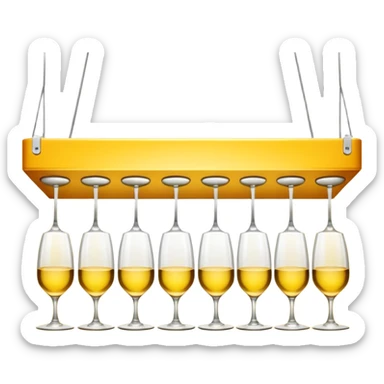 A row of hanging wine glasses upside-down under a yellow light shelf
 sticker