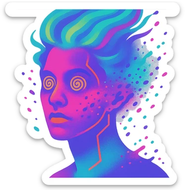surreal portrait of a person with neon skin, face dissolving in an explosion of colors, airbrush effect, hair as swirling liquid color streams like northern lights, hypnotic spiral eyes, geometric elements along face contour, paint particles flying away, acid purple, turquoise, and electric pink blending, sense of movement sticker