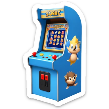 An icon showing a retro arcade screen with pixelated characters like a speedy hedgehog Sonic jumping and collecting coins. The game environment includes obstacles, power-ups, and vibrant colors, evoking the excitement and nostalgia of classic arcade games. transparent background. sticker