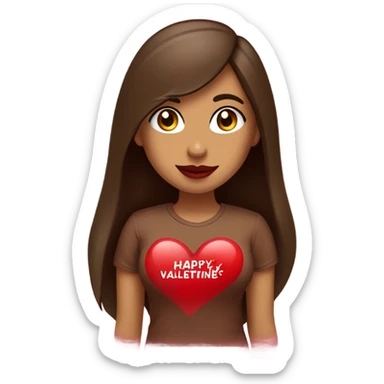 light brown lady, dark brown long straight hair, red lips, eyelashes, wearing red “happy Valentine’s Day” t shirt sticker