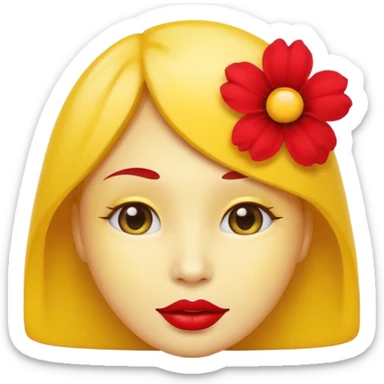 Create an yellow circle face emoji that lips are big, red, shiney and have flower on her head sticker