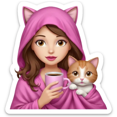 girl with long wavy brown hair, brown eyes, long lashes makeup, sexy pink lips, light to medium complexion, wearing a pink sexy silk top, big blanket over the head cozy holding a cat,  drinking coffee sticker