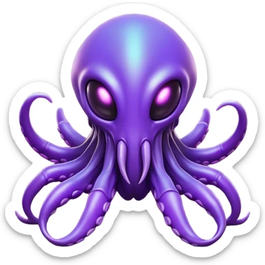 Clash of Clans aesthetic: Cinematic Playful Zerg Alien Emoji, rendered in a 3D vector-style similar to standard emojis with minimal shading and bold, simplified shapes. A compact, isometric, otherworldly creature with insectoid, organic details and subtle, eerie tentacles, softly glowing with a sinister alien charm. Simplified yet unmistakably iconic, highly detailed and consistent, glowing with a soft, spectral radiance and high shine. Stylized with a touch of bio-engineered mischief and a soft glowing outline, capturing the essence of a fearsome extraterrestrial menace with a playful twist! sticker