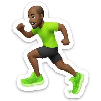 Running white skin man, brown hair, balck t shirt and shorts. Neon green shoes sticker