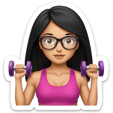 Mujer fitness usando mancuernas con lentes de marco delgado y cabello largo negro sticker