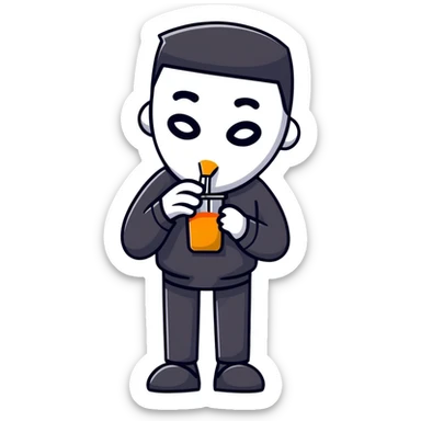 Masked man in dark clothes holding and sipping from a small juice box, comical contrast between serious appearance and childish action sticker