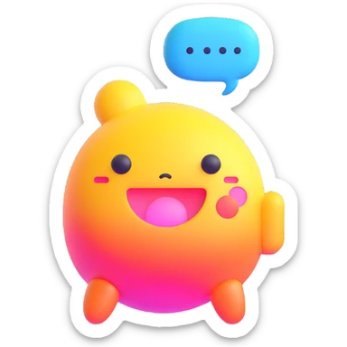 Retro game mascot — like a Tamagotchi-style AI creature, round and colorful with a speech bubble. sticker