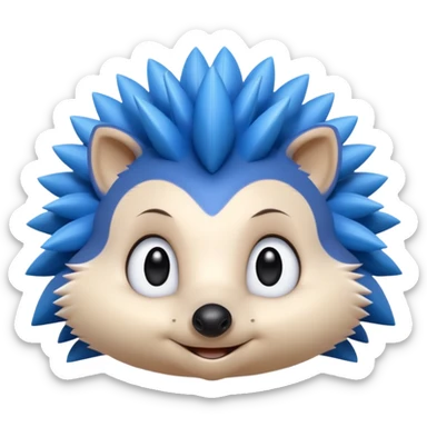 blue hedgehog emoji with long forward-facing quill spikes, smooth rounded face, large oval eyes with black pupils, small black nose, thin confident smile, 3D Apple emoji style, 1:1, clean shading, cute but energetic expression
 sticker