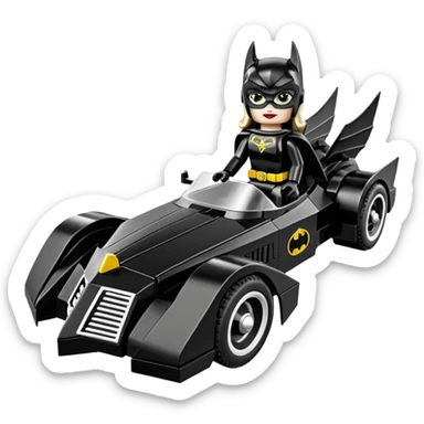  Detailed aerodynamic opulent dark knight futuristic concept Catwoman Batgirlmobile loosely based on 1977 Buick coupe  roadster racing Lego (flat long straight faceted mechanical body) winged stealthy street hot rod  sticker