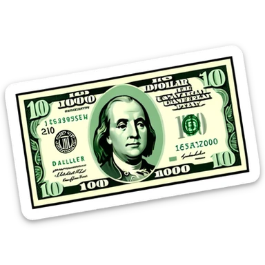 3D realistic US 100 dollar bill sticker, slight perspective, centered, clean cutout, transparent background, no text, no watermark sticker